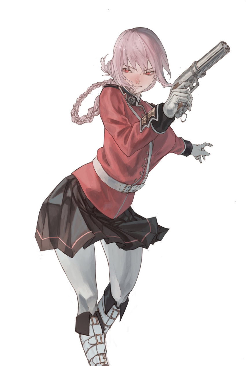 1girl belt boots braid coat fate/grand_order fate_(series) finger_on_trigger florence_nightingale_(fate/grand_order) gloves gun highres holding holding_gun holding_weapon looking_to_the_side makitoshi0316 pantyhose pepper_box_revolver pink_hair pleated_skirt red_coat red_eyes skirt weapon white_background white_gloves white_legwear