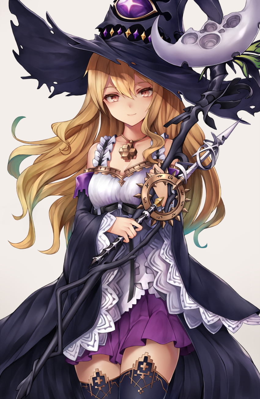 1girl bare_shoulders black_headwear black_legwear blonde_hair blush breasts closed_mouth cowboy_shot dorothy_(shingeki_no_bahamut) dual_wielding eyebrows_visible_through_hair hair_between_eyes hat highres holding holding_staff holding_wand inaba_sunimi jewelry long_hair looking_at_viewer medium_breasts necklace purple_skirt red_eyes shadowverse shingeki_no_bahamut simple_background skirt skirt_under_dress smile solo staff thighhighs wand wide_sleeves witch witch_hat