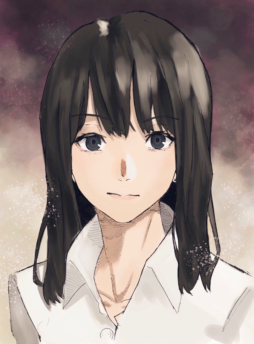 1girl bangs black_hair collar dress_shirt face grey_eyes highres long_hair looking_at_viewer makko_(user_kvud5535) open_collar original shirt sketch solo