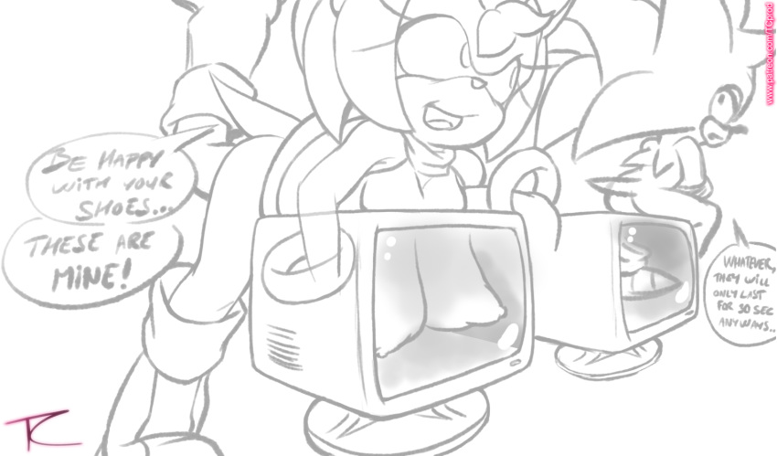 amy_rose anthro big_breasts breasts butt clothed clothing dialogue duo english_text eulipotyphlan female footwear hedgehog hi_res humor mammal nipples open_mouth shoes signature smile sonic_(series) sonic_the_hedgehog speech_bubble tc text