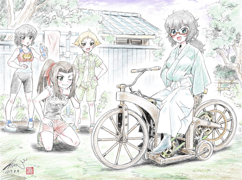 4girls :d alternate_hairstyle artist_logo artist_name bangs bicycle bike_shorts black_footwear black_hair black_kimono black_shirt black_shorts blonde_hair blue_eyes blue_sky boots bottle brown_eyes brown_hair building caesar_(girls_und_panzer) clenched_hand closed_mouth cloud cloudy_sky collared_shirt commentary_request dated day erwin_(girls_und_panzer) eyebrows_visible_through_hair fence girls_und_panzer green_shirt green_shorts ground_vehicle hair_intakes hair_ribbon hair_up hakama hand_on_hip highres holding holding_bottle japanese_clothes kimono kneeling kubota_shinji laundry_pole long_hair long_skirt long_sleeves looking_at_another looking_at_viewer multiple_girls open_mouth oryou_(girls_und_panzer) outdoors pointy_hair ponytail red-framed_eyewear red_ribbon red_shirt red_shorts ribbon saemonza sandals semi-rimless_eyewear shirt shoes short_hair short_ponytail short_sleeves shorts signature sitting skirt sky sleeveless sleeveless_shirt smile smirk spqr_(emblem) standing tank_top traditional_media tree under-rim_eyewear vehicle_request water_bottle white_footwear white_shirt white_skirt wide_sleeves