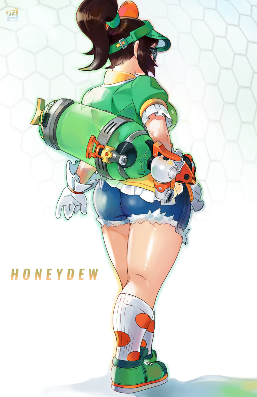 1girl alternate_costume alternate_hairstyle ass breasts brown_eyes brown_hair commentary curvy cutoffs denim denim_shorts english_commentary from_behind full_body glasses gloves hair_ribbon high_ponytail highres honeydew_mei john_crayton large_breasts long_hair looking_back mei_(overwatch) orange_ribbon overwatch puffy_short_sleeves puffy_sleeves ribbon round_eyewear shiny shiny_skin shoes short_sleeves shorts sneakers socks thighs visor_cap white_gloves
