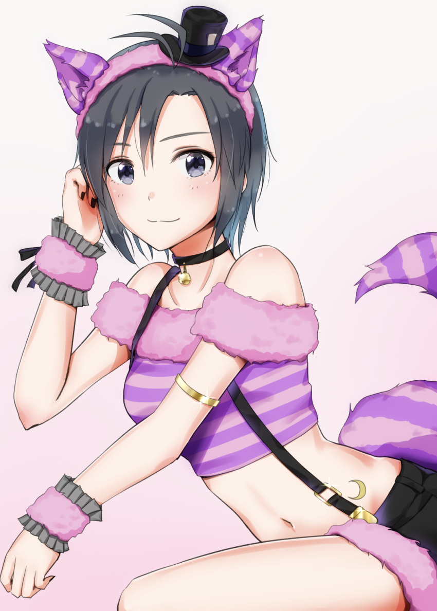 1girl animal_ears antenna_hair armlet bell bell_collar black_eyes black_hair black_nails black_ribbon black_shorts cat_ears cat_tail cheshire_cat cheshire_cat_(cosplay) collar collarbone cosplay crop_top fake_animal_ears fur-trimmed_shorts hair_between_eyes hairband highres idolmaster idolmaster_(classic) kikuchi_makoto looking_at_viewer midriff mogskg nail_polish navel pink_hairband ribbon short_hair short_shorts shorts simple_background solo stomach striped_tail suspender_shorts suspenders tail white_background wrist_cuffs