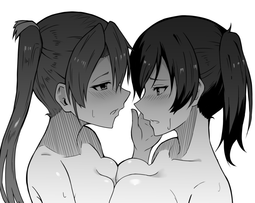 2girls asymmetrical_docking blush breast_press breasts collarbone eye_contact greyscale hair_ribbon highres kaga_(kantai_collection) kantai_collection large_breasts long_hair looking_at_another medium_breasts medium_hair monochrome multiple_girls nikonikosiro nude ribbon side_ponytail simple_background sweat twintails white_background yuri zuikaku_(kantai_collection)