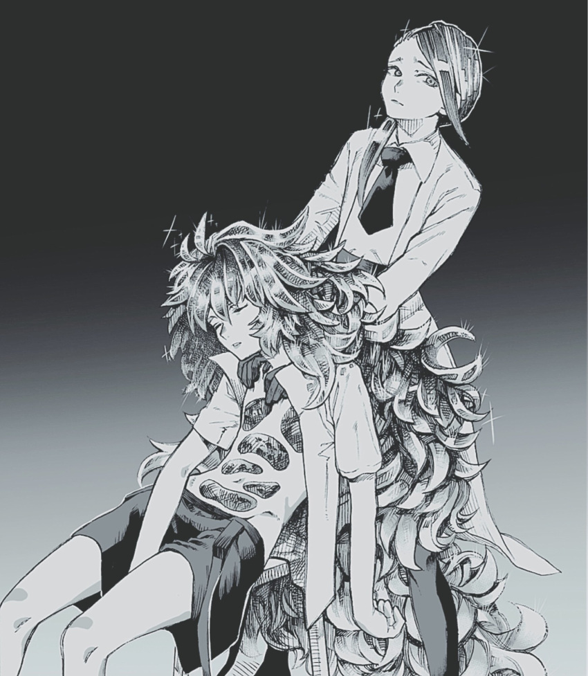 2others chair crystal_hair gloves gradient gradient_background greyscale hands_on_another's_shoulders highres houseki_no_kuni labcoat long_hair looking_at_viewer maki_keigo monochrome multiple_others necktie padparadscha_(houseki_no_kuni) parted_lips rutile_(houseki_no_kuni) short_hair shorts sleeping suspender_shorts suspenders very_long_hair