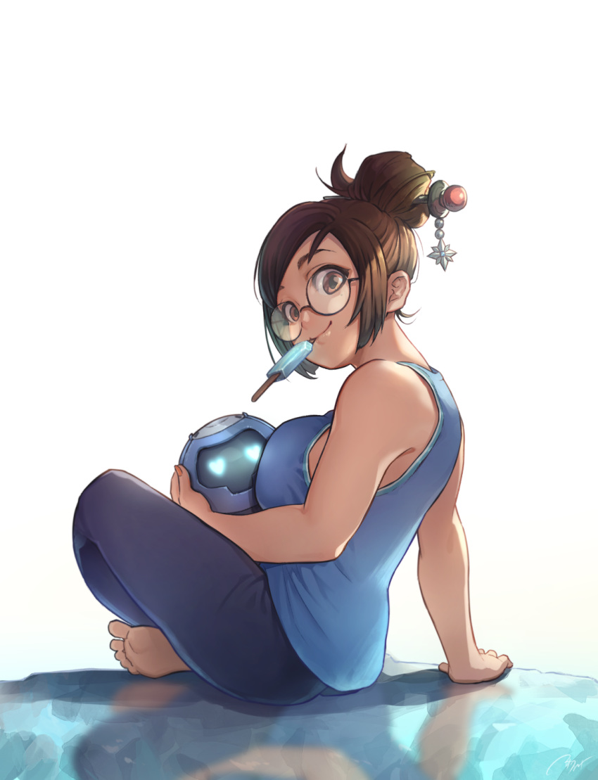 1girl backlighting bare_shoulders barefoot black-framed_eyewear breasts brown_eyes brown_hair casual commentary_request drone eito_nishikawa food food_in_mouth full_body glasses hair_bun hair_ornament hair_stick heart heart-shaped_pupils highres large_breasts lips looking_at_viewer looking_back mei_(overwatch) overwatch pants popsicle round_eyewear smile snowball_(overwatch) soles solo symbol-shaped_pupils tank_top toes updo white_background yoga_pants