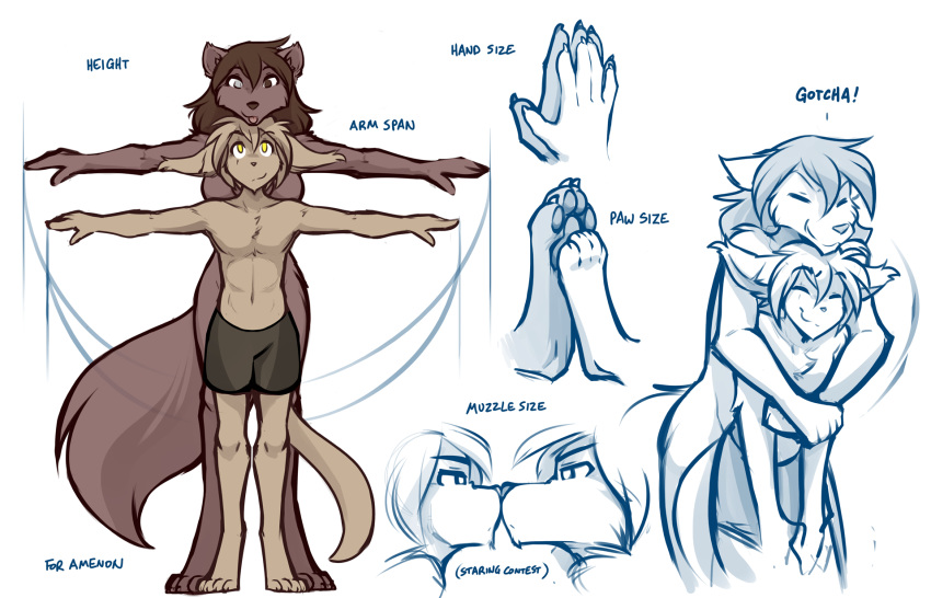 2019 anthro barefoot basitin breasts brown_eyes brown_fur brown_hair canid canine canis casual_nudity chest_tuft clothed clothing comparing comparison digitigrade duo eyes_closed face_to_face featureless_breasts female fluffy fluffy_tail fur hair heterochromia hi_res hug keidran keith_keiser larger_female male mammal model_sheet monochrome natani nude pawpads simple_background size_difference sketch smaller_male smile spread_arms tom_fischbach tongue tongue_out topless tuft twokinds webcomic white_background wolf yellow_eyes