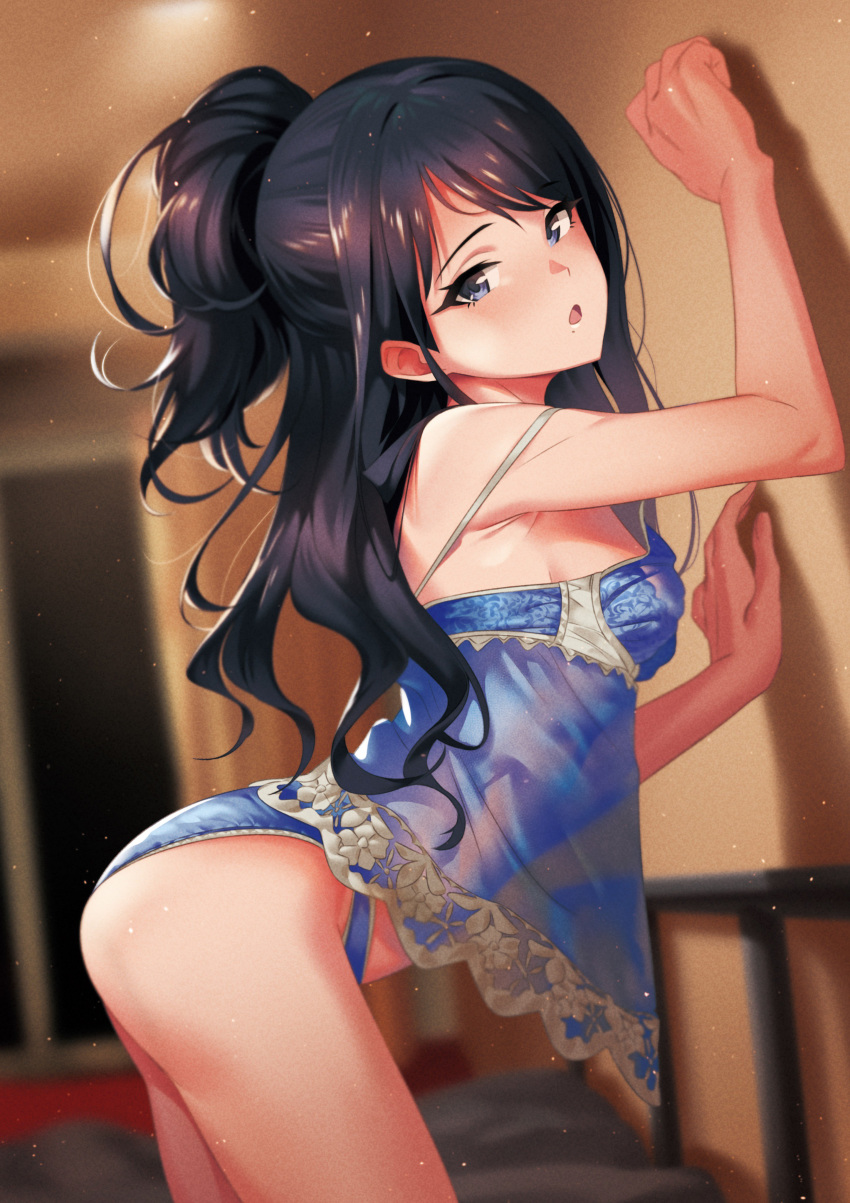 1girl absurdres against_wall arched_back armpits ass babydoll bangs black_hair blue_eyes blue_panties blurry blurry_background blush breasts contrapposto cowboy_shot depth_of_field dutch_angle from_side fukushi_ryouhei half_updo highres idolmaster idolmaster_shiny_colors indoors kazano_hiori lace lace_trim light_particles lingerie long_hair looking_at_viewer mole mole_under_mouth open_mouth panties see-through small_breasts solo swept_bangs underwear underwear_only wavy_hair