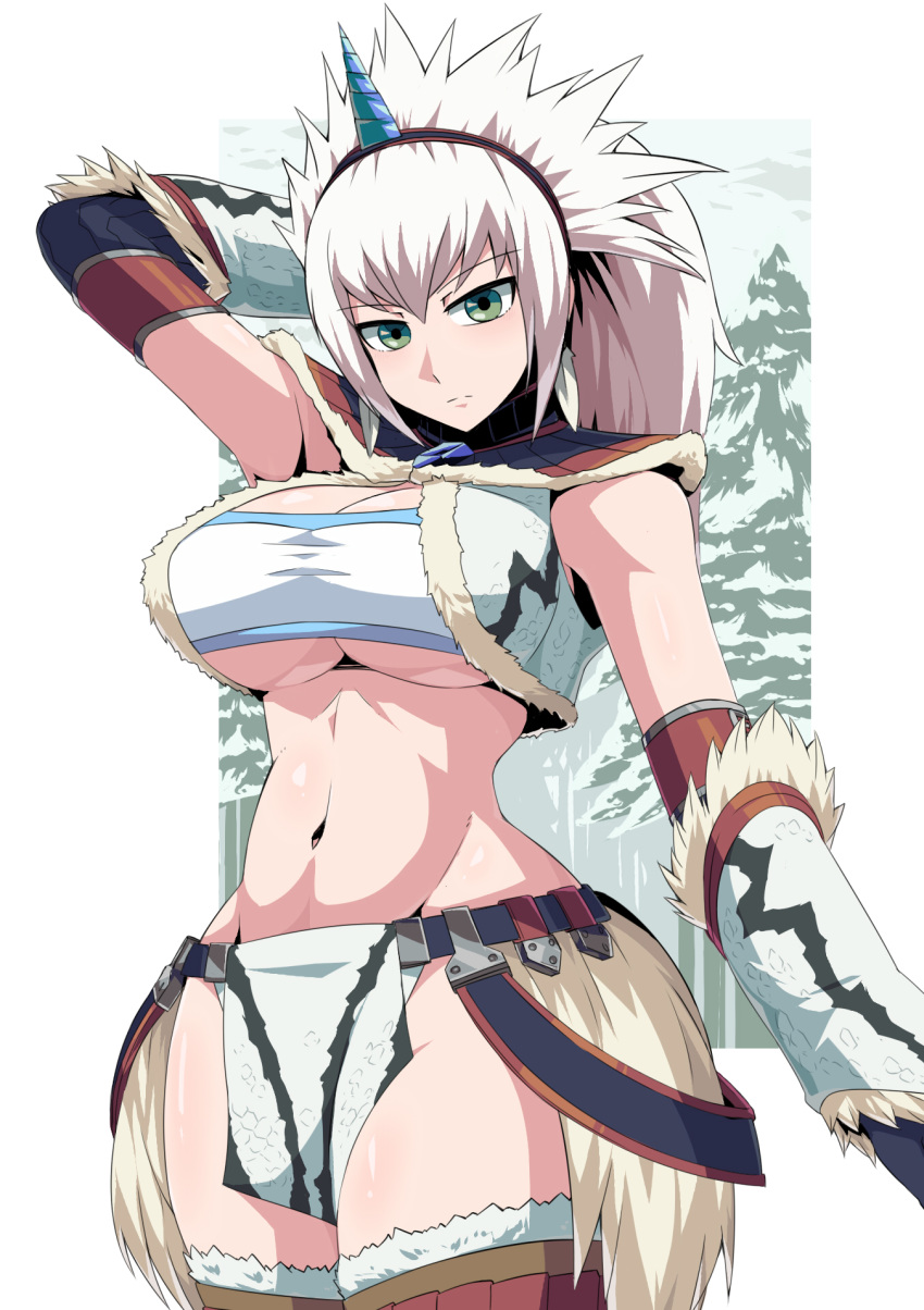 1girl arm_behind_head bandeau breasts capcom cleavage cropped_legs forest fur_trim gloves green_eyes hairband highres horn kirin_(armor) large_breasts loincloth long_hair looking_at_viewer midriff monster_hunter monster_hunter:_world nature navel solo strapless suzusiigasuki tubetop underboob white_hair