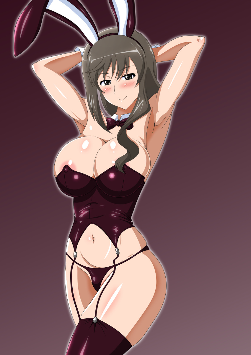 1girl absurdres animal_ears areola_slip areolae armpits arms_behind_head blush bow bowtie breasts brown_eyes bunny_ears bunny_girl bunnysuit cleavage closed_mouth covered_nipples eyebrows eyebrows_visible_through_hair fake_animal_ears girls_und_panzer gradient gradient_background grey_hair groin highres large_breasts long_hair looking_at_viewer navel panties purple_background purple_legwear purple_neckwear purple_panties rainkeru shimada_chiyo shiny shiny_hair shiny_skin simple_background skindentation smile solo thighhighs thong underwear