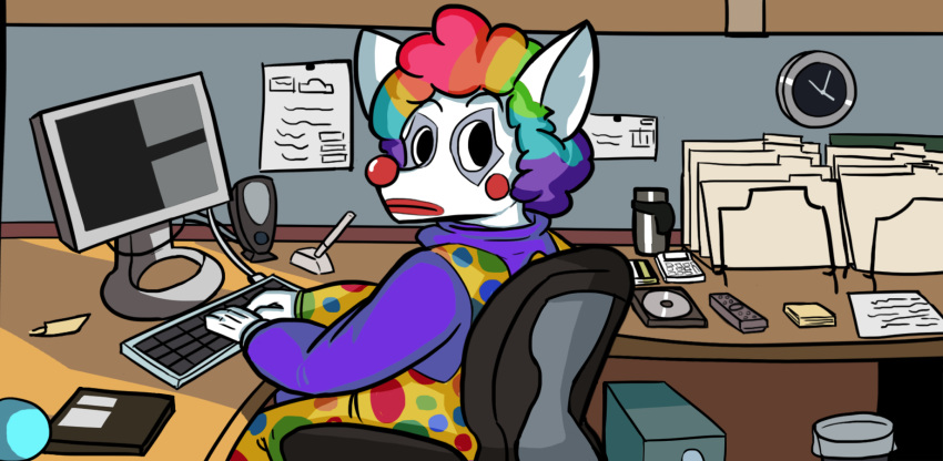 anthro canid canine canis clothing clown computer costume desk fur gloves hair hi_res keyboard looking_at_viewer makeup male mammal meme multicolored_hair parody polka_dots rainbow_hair rubber_nose sitting skribbleydoo solo typing white_fur wolf