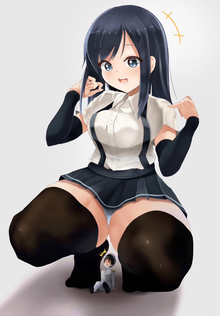 1boy 1girl admiral_(kantai_collection) alicemagic alternate_breast_size arm_warmers asashio_(kantai_collection) black_hair black_legwear blue_eyes breasts eyebrows_visible_through_hair full_body giantess gradient gradient_background grey_skirt hair_between_eyes hat highres kantai_collection large_breasts long_hair military military_hat military_uniform naval_uniform open_mouth panties peaked_cap pleated_skirt school_uniform shadow shirt short_sleeves skirt squatting surprised suspender_skirt suspenders sweatdrop thighhighs underwear uniform white_background white_panties white_shirt