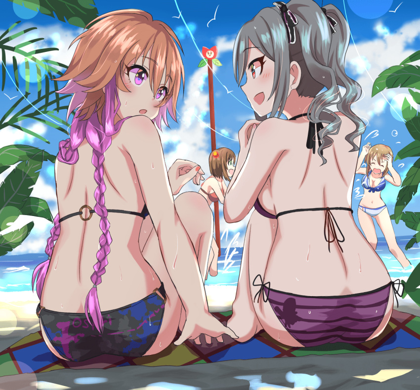 4girls beach bikini haruki_(haruki678) highres idolmaster long_hair multiple_girls ocean purple_eyes short_hair swimsuit twintails