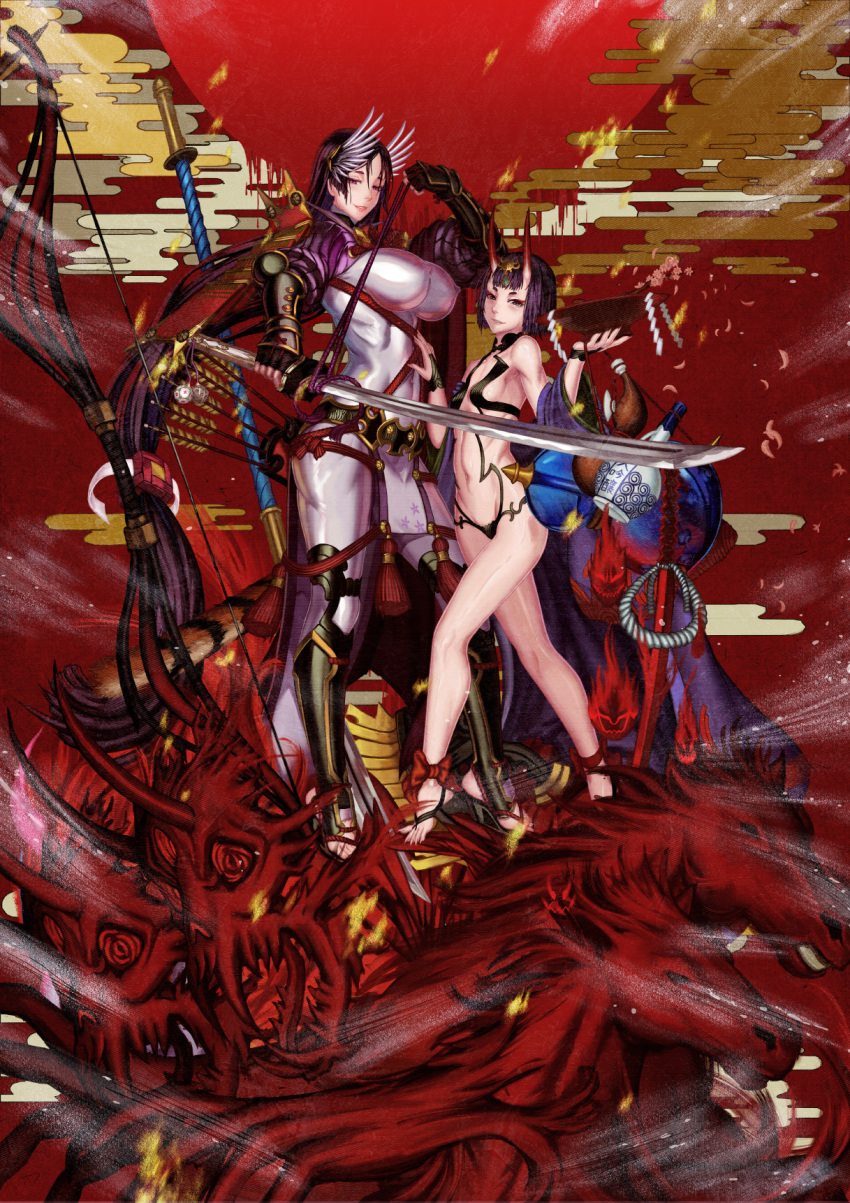 2girls bangs barefoot_sandals bob_cut bodysuit bow_(weapon) breasts covered_navel cup edenfox fate/grand_order fate_(series) fingerless_gloves gloves headpiece highres holding holding_sword holding_weapon japanese_clothes katana kimono large_breasts long_hair looking_at_viewer low-tied_long_hair minamoto_no_raikou_(fate/grand_order) multiple_girls oni_horns open_clothes open_kimono parted_bangs purple_bodysuit purple_eyes purple_hair purple_kimono revealing_clothes ribbed_sleeves rope sakazuki short_eyebrows short_hair shuten_douji_(fate/grand_order) small_breasts smile standing sword very_long_hair weapon