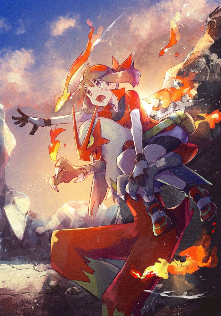 1girl bike_shorts black_gloves black_legwear black_shorts blaziken brown_eyes brown_hair carrying fire gloves haruka_(pokemon) highres jacket miniskirt mu_acrt open_mouth outdoors outstretched_arm pokemon pokemon_(game) pokemon_rse red_bandana red_footwear red_jacket shiny shiny_hair short_hair_with_long_locks short_shorts short_sleeves shorts shorts_under_skirt skirt socks standing twintails white_skirt