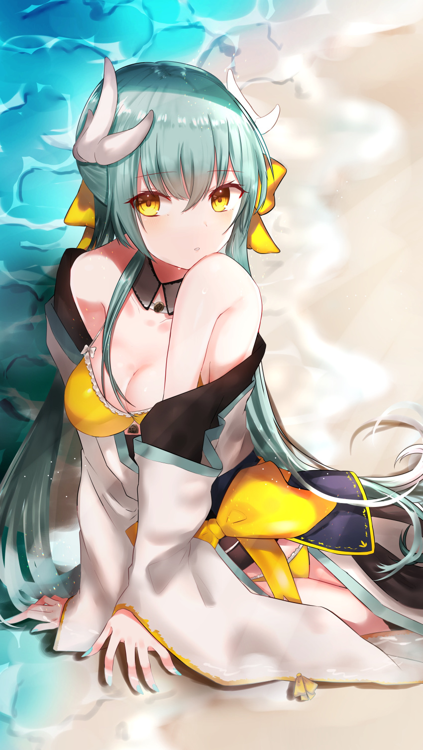 1girl absurdres bare_shoulders bikini blush bow breasts detached_collar fate/grand_order fate_(series) green_hair hair_between_eyes hair_bow highres horns kiyohime_(fate/grand_order) kiyohime_(swimsuit_lancer)_(fate) large_breasts long_hair looking_at_viewer nagisha-doru obi off_shoulder sand sash solo swimsuit very_long_hair water wet yellow_bikini yellow_bow yellow_eyes