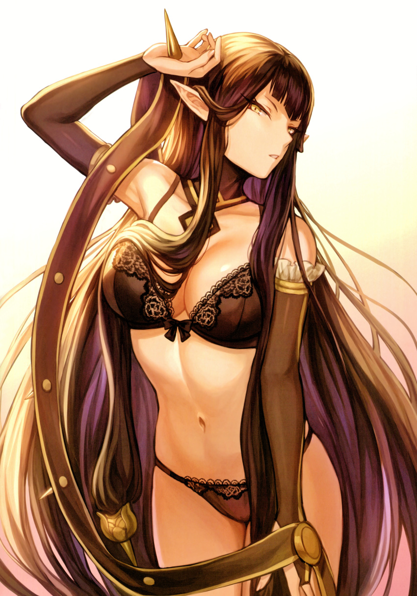 1girl absurdres bangs bare_shoulders black_bra black_hair black_panties bow bow_bra bra breasts bridal_gauntlets choker cleavage collarbone cowboy_shot detached_sleeves elf eyebrows_visible_through_hair fate/apocrypha fate/grand_order fate_(series) gradient gradient_background hair_between_eyes highres lace lace-trimmed_legwear large_breasts lingerie long_hair looking_at_viewer mashu_003 navel open_mouth panties pink_background pointy_ears ribbon-trimmed_bra scan semiramis_(fate) simple_background solo spikes thighhighs thighs title underwear underwear_only very_long_hair white_background yellow_background yellow_eyes