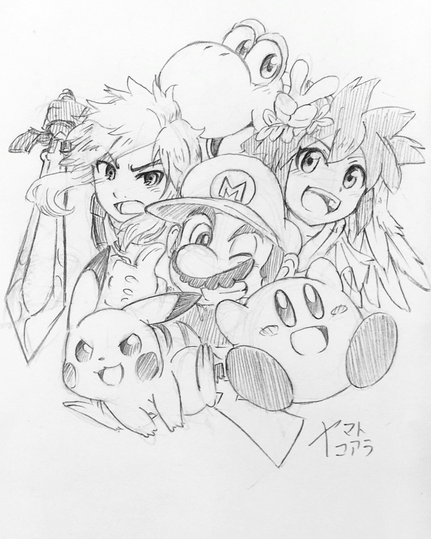 6boys angel_wings animal_ears black_and_white crossover gloves group hair hat highres holding holding_sword holding_weapon human kid_icarus kid_icarus_uprising kirby kirby_(series) koaraymt link male male_focus male_only mario mario_(series) master_sword multiple_boys mustache nintendo open_mouth pikachu pit_(kid_icarus) pointy_ears pokemon pokemon_(creature) pokemon_(game) sketch smile super_mario_bros. super_smash_bros. sword tail teeth the_legend_of_zelda thumbs_up v wings wink yoshi