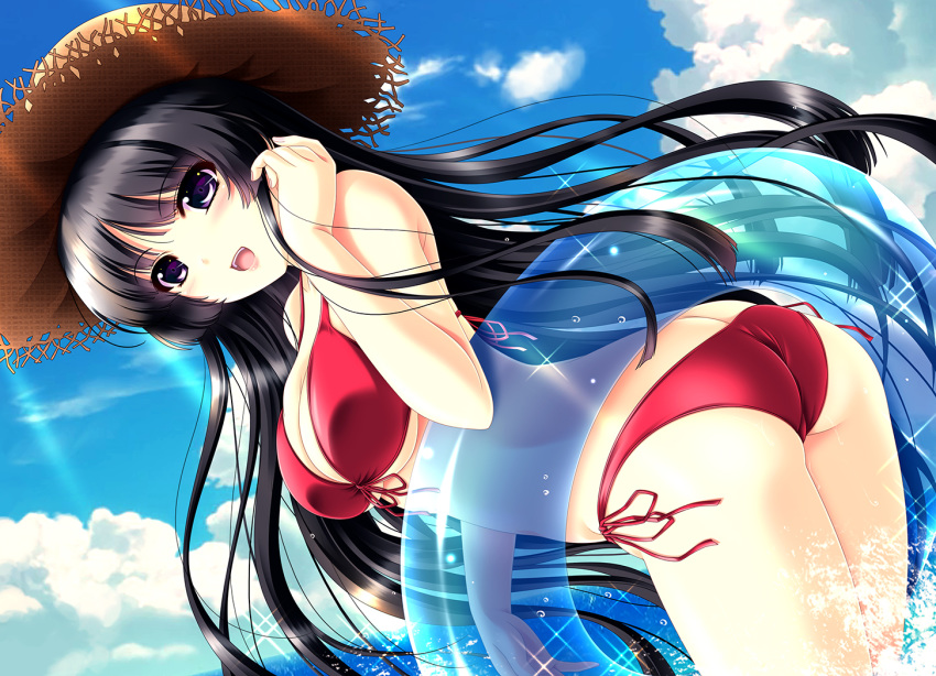 1girl :d akino_shin ass bangs bikini black_hair blue_sky blush bow breasts brown_headwear cleavage cloud cloudy_sky commentary_request day dutch_angle eyebrows_visible_through_hair fingernails front-tie_bikini front-tie_top hand_up hat horizon innertube large_breasts leaning_forward long_hair nail_polish ocean open_mouth original outdoors pink_nails purple_eyes red_bow side-tie_bikini sky smile solo sparkle standing straw_hat sunlight swimsuit transparent upper_teeth very_long_hair water