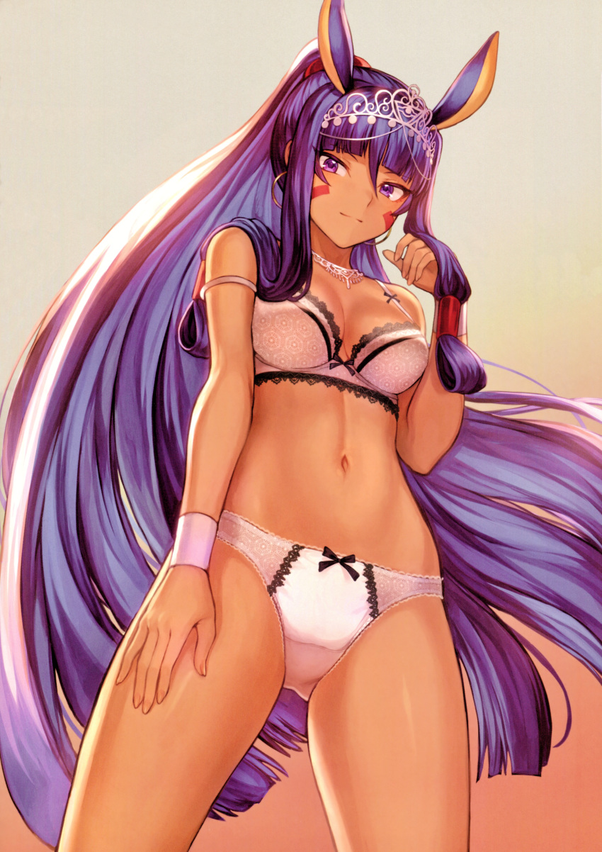1girl absurdres animal_ears bangs blunt_bangs bra breasts cleavage cowboy_shot dark_skin earrings facial_mark fate/grand_order fate_(series) from_below gradient gradient_background hair_tubes hand_on_own_thigh hand_up highres hoop_earrings jewelry lace lace-trimmed_bra long_hair looking_at_viewer mashu_003 medium_breasts navel necklace nitocris_(fate/grand_order) nitocris_(swimsuit_assassin)_(fate) panties ponytail purple_hair scan sidelocks simple_background smile solo strap_slip tiara underwear underwear_only very_long_hair white_bra white_panties wristband