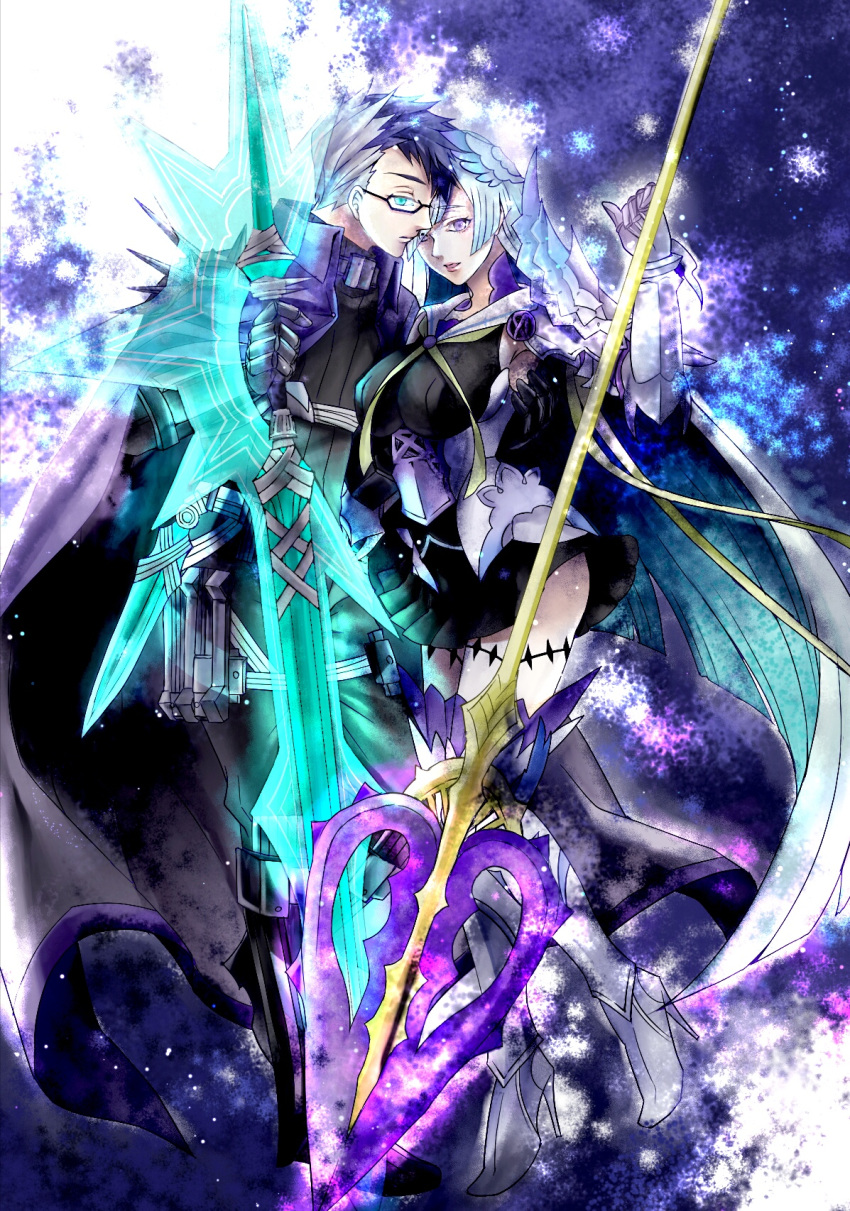 1boy 1girl black_hair blue_eyes blue_hair boots breasts brynhildr_(fate) brynhildr_romantia cape commentary_request dress fate/grand_order fate_(series) gauntlets glasses grey_hair high_heel_boots high_heels highres large_breasts long_hair multicolored_hair nanashi_(toku_meiko) polearm purple_eyes semi-rimless_eyewear short_dress sigurd_(fate/grand_order) spear sword thigh_boots thighhighs two-tone_hair under-rim_eyewear very_long_hair weapon