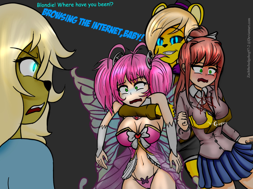 blonde_hair blondie_(zachthehedgehog) breast_grab breasts brown_hair charlotte_berrydew cleavage clothed clothing crossgender doki_doki_literature_club english_text fan_character female five_nights_at_freddy's fur golden_freddy_(fnaf) green_eyes hair hand_on_breast hi_res huniepop kyu_sugardust lagomorph leporid mammal monika_(ddlc) pink_hair ponytail rabbit springtrap_(fnaf) text ursid video_games wings yellow_fur zachthehedgehog97-2