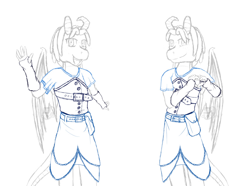 2019 4:3 anthro armwear belt bottomwear clothed clothing digital_media_(artwork) dragon dzaladan female gesture greeting heart_sign hi_res horn looking_at_viewer open_mouth pouch_(disambiguation) scalie signature simple_background sketch skirt smile solo standing steampunk warmers white_background wings