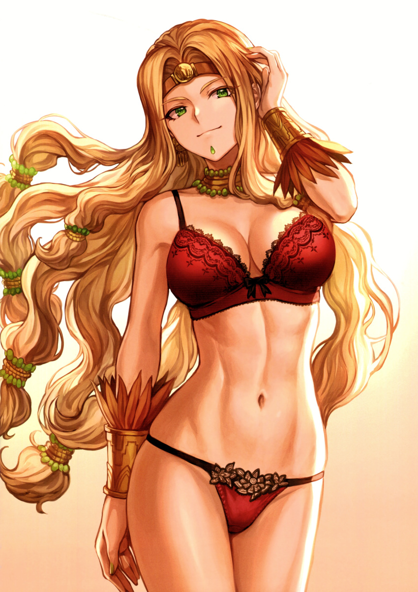 1girl absurdres adjusting_hair aztec bangs bare_shoulders blonde_hair blush bra bracer breasts cleavage collarbone earrings eyebrows_visible_through_hair fate/grand_order fate_(series) gradient gradient_background green_eyes hair_ornament headband headdress highres jewelry large_breasts lingerie long_hair looking_at_viewer mashu_003 navel panties quetzalcoatl_(fate/grand_order) red_panties scan signature simple_background smile solo thighs twitter_username underwear very_long_hair