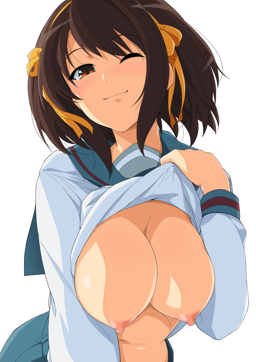 1girl ;) absurdres blue_sailor_collar blue_skirt blush breasts brown_eyes brown_hair cleavage closed_mouth hair_ribbon hairband haruhisky highres kita_high_school_uniform large_breasts leaning_forward lifted_by_self long_sleeves looking_at_viewer navel nipples one_eye_closed orange_hairband orange_ribbon paid_reward patreon_reward ribbon sailor_collar school_uniform shirt_lift short_hair skirt smile solo suzumiya_haruhi suzumiya_haruhi_no_yuuutsu swimsuit upper_body