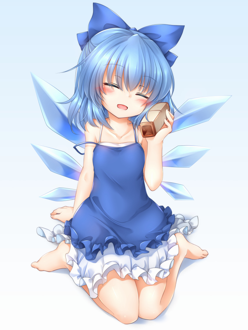 1girl alternate_costume bangs bare_arms bare_shoulders barefoot blue_background blue_bow blue_dress blue_hair blush bow chemise cirno closed_eyes collarbone commentary_request dress eyebrows_visible_through_hair facing_viewer full_body gradient gradient_background hair_bow hand_up head_tilt highres holding ice ice_wings m9kndi petticoat shadow short_hair sitting solo spaghetti_strap strapless strapless_dress touhou wariza white_background wings