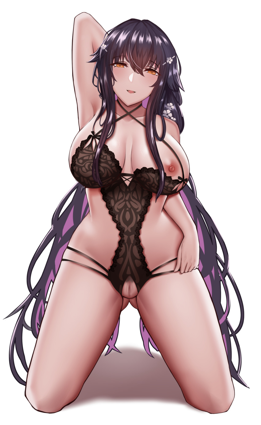 1girl :d aogi_(pixiv9459043) areolae arm_behind_head ass_visible_through_thighs azuma_(azur_lane) azur_lane bangs blush breasts brown_eyes censored collarbone criss-cross_halter crotchless_clothes eyebrows_visible_through_hair hair_between_eyes hair_ornament hairclip half-closed_eyes halterneck head_tilt highres huge_breasts kneeling large_breasts lingerie long_hair looking_at_viewer mosaic_censoring nipple_slip nipples open_mouth pussy skindentation smile solo underwear underwear_only