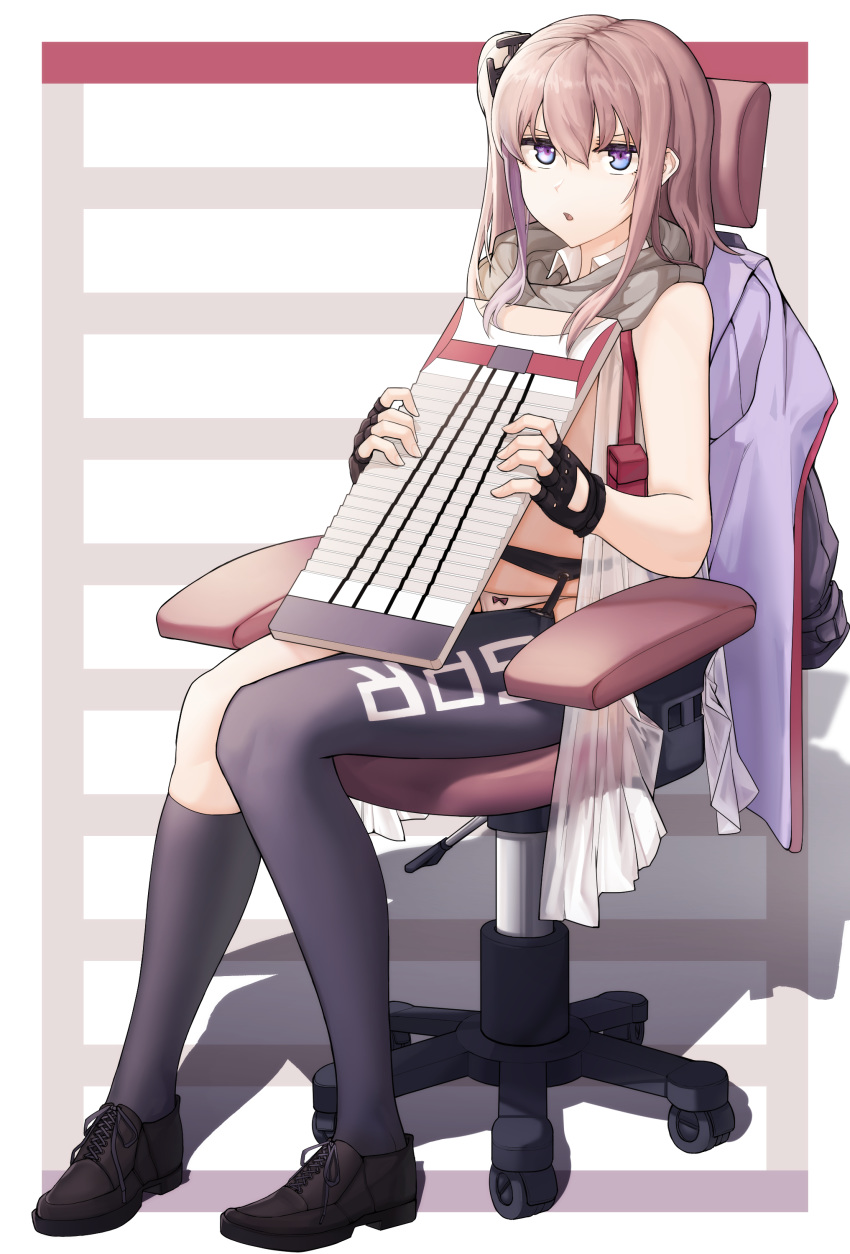 1girl absurdres asymmetrical_legwear chair commentary_request covering covering_breasts fingerless_gloves girls_frontline gloves hachirodesu highres holding long_hair looking_at_viewer office_chair open_clothes panties pink_hair purple_eyes shadow side_ponytail sitting socks st_ar-15_(girls_frontline) thigh_strap thighhighs underwear washboard