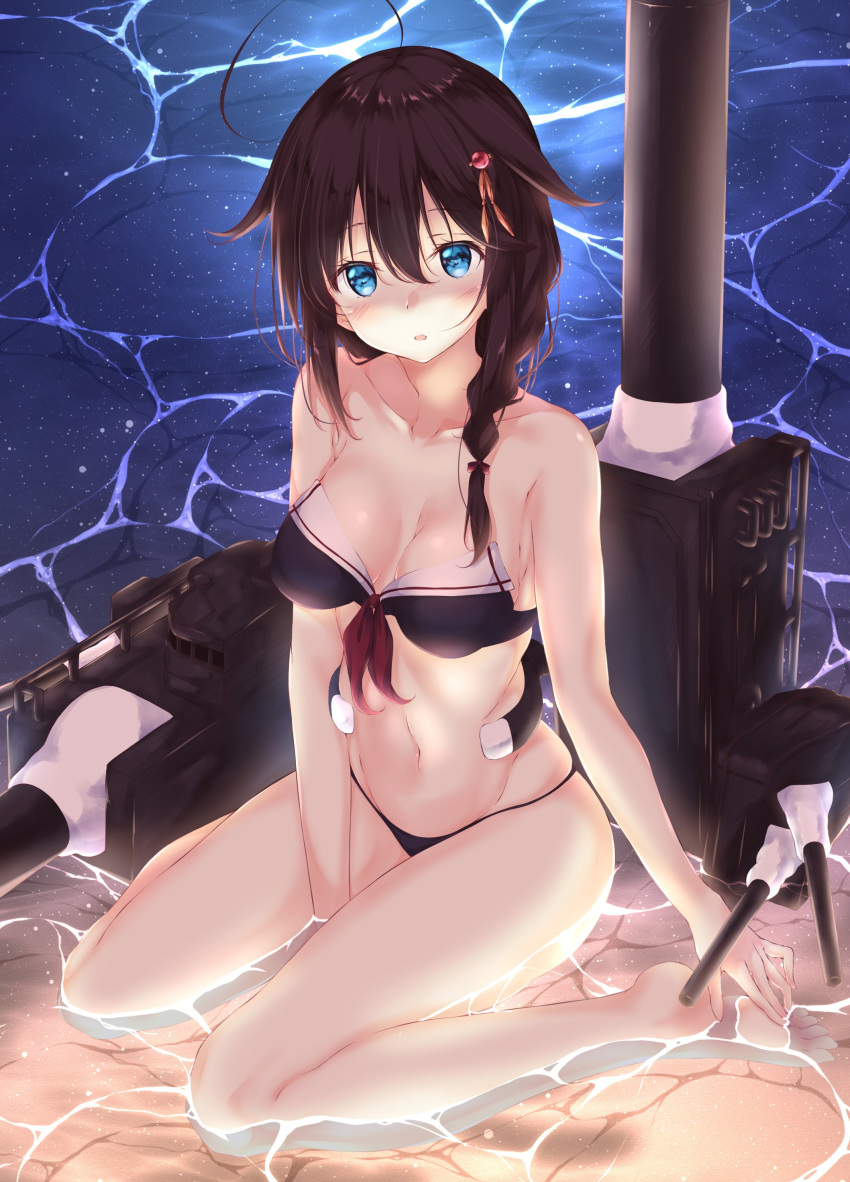 1girl :o absurdres ahoge bangs barefoot bikini black_bikini blue_eyes blush braid breasts cannon cleavage collarbone eyebrows_visible_through_hair groin hair_between_eyes hair_flaps hair_ornament hair_over_shoulder hair_ribbon highres kantai_collection kerchief long_hair looking_at_viewer navel numpopo open_mouth red_neckwear remodel_(kantai_collection) ribbon rigging ripples shigure_(kantai_collection) sidelocks single_braid sitting smile solo stomach strapless strapless_bikini swimsuit toned turret wariza water