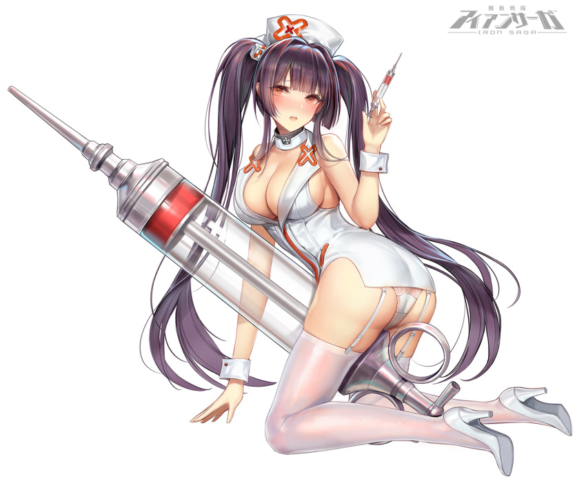 1girl alternate_costume ass bangs bare_shoulders blush breasts cleavage detached_collar dress elaine_(iron_saga) eyebrows_visible_through_hair full_body garter_straps hair_ornament hat high_heels highres holding holding_syringe iron_saga large_breasts logo long_hair looking_at_viewer nurse nurse_cap official_art open_mouth oversized_object panties purple_hair red_eyes short_dress sidelocks simple_background skindentation smile solo syringe thighhighs twintails underwear white_background white_dress white_footwear white_panties wrist_cuffs zjsstc