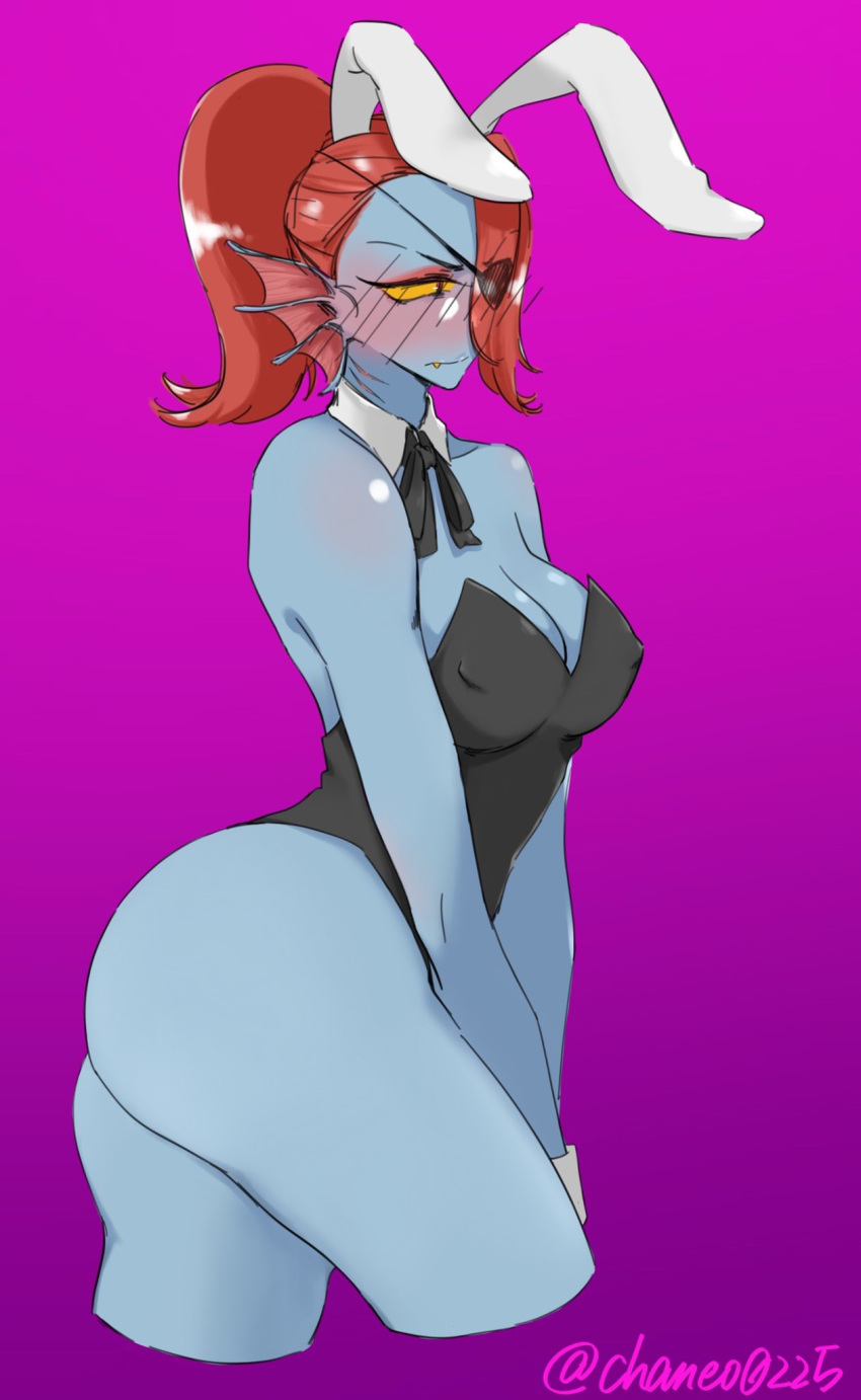 2019 anthro big_breasts black_clothing blue_skin blush breasts bunny_ears_(disambiguation) chaneo0225 cleavage clothed clothing collarbone digital_media_(artwork) ear_fins ear_frills eye_patch eyelashes eyeshadow eyewear fangs female fin fish frill front_view glistening glistening_hair glistening_skin hair hair_over_eye hi_res long_hair looking_away makeup marine nipple_outline nipples non-mammal_breasts noseless pink_background playboy playboy_bunny ponytail portrait pose red_eyeshadow red_hair sharp_teeth side_view signature simple_background solo standing teeth three-quarter_portrait undertale undyne video_games yellow_eyes yellow_sclera