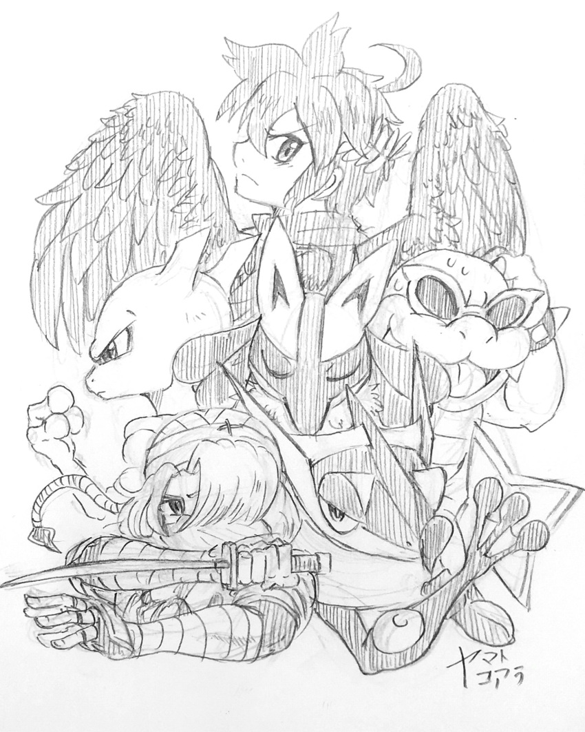 1girl 5boys angel_wings angry artist_signature black_and_white braid covered_mouth crossover dark_pit eyes_closed facing_away female fingerless_gloves frown glasses greninja hair hair_over_one_eye highres holding holding_weapon kid_icarus kid_icarus_uprising knife koaraymt lucario male mario_(series) mewtwo multiple_boys ninja nintendo ocarina_of_time pointy_ears pokemon pokemon_(creature) roy_koopa sharp_teeth sheik shuriken sketch sunglasses super_mario_bros. super_smash_bros. the_legend_of_zelda webbed_hands wings