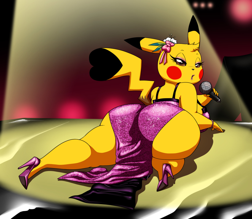 backview big_breasts big_butt bow bracelet breasts butt clothing collaboration cosplay_pikachu crovirus dress eyeshadow female flower footwear hi_res high_heels ipan jewelry lipstick looking_at_viewer lying makeup microphone musical_instrument nintendo on_front piano pikachu plant pok&eacute;mon pok&eacute;mon_(species) shoes short_stack singer singing spotlight video_games voluptuous