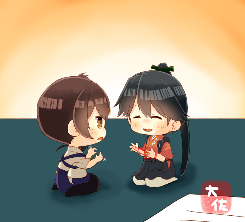 2girls ^_^ ^o^ artist_name black_hair black_hakama black_legwear blue_hakama blush brown_eyes brown_hair cat's_cradle closed_eyes commentary_request eyebrows_visible_through_hair hair_between_eyes hakama hakama_skirt houshou_(kantai_collection) japanese_clothes kaga_(kantai_collection) kantai_collection kimono long_hair multiple_girls open_mouth pink_kimono ponytail seiza short_hair side_ponytail sitting smile string taisa_(kari) tasuki thighhighs triangle_mouth wariza white_legwear