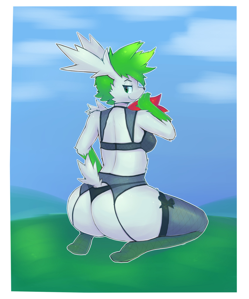 &lt;3 &lt;3_eyes anthro big_butt boiful bra breasts butt clothed clothing female fur green_eyes green_fur green_hair hair hi_res legendary_pok&eacute;mon legwear looking_at_viewer looking_back multicolored_fur nintendo pok&eacute;mon pok&eacute;mon_(species) shaymin shaymin_(sky_form) sky solo thigh_highs underwear video_games white_fur