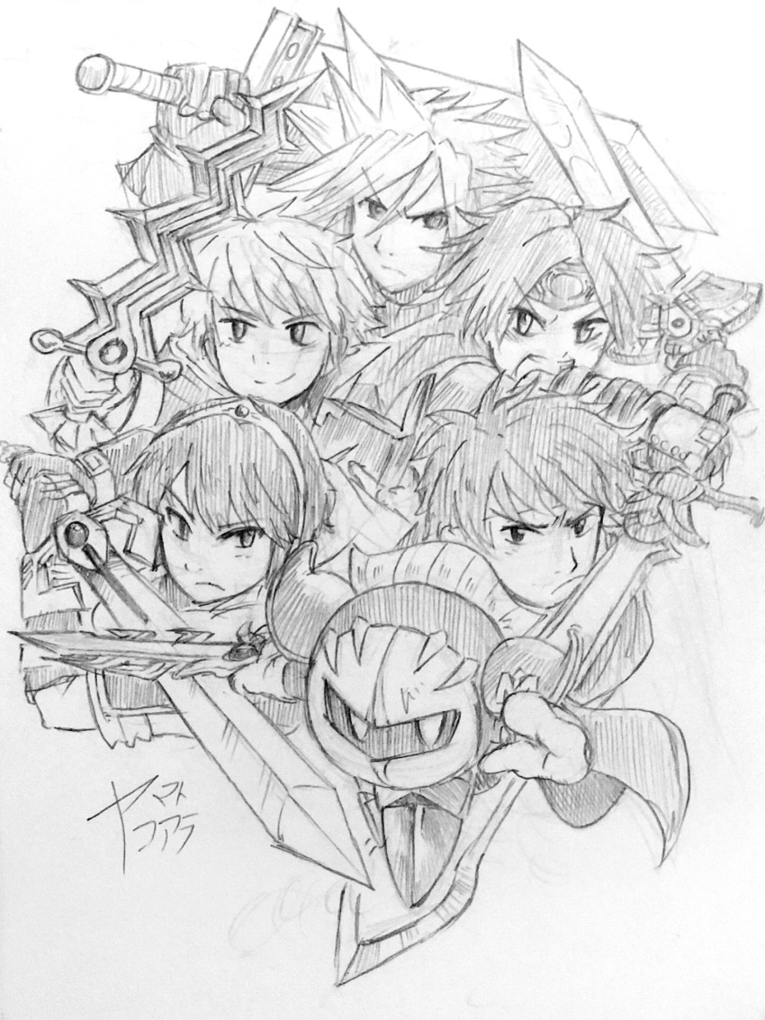 6boys artist_signature black_and_white crossover eyebrows final_fantasy final_fantasy_vii fire_emblem fire_emblem:_fuuin_no_tsurugi fire_emblem:_monshou_no_nazo fire_emblem:_souen_no_kiseki hair highres holding holding_sword holding_weapon ike kirby_(series) koaraymt male male_focus male_my_unit_(fire_emblem:_kakusei) marth mask meta_knight multiple_boys my_unit_(fire_emblem:_kakusei) nintendo open_mouth roy_(fire_emblem) royalty sketch spiked_hair spiky_hair square_enix super_smash_bros. sword