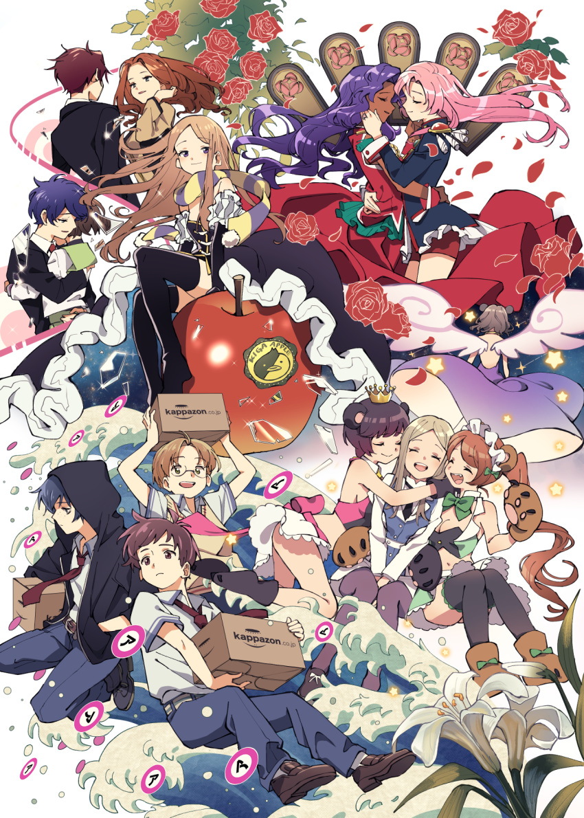 5boys 6+girls animal_ears apple bear_ears bear_paws bear_tail black_legwear blazer blue_hair boots box breasts broken_glass brown_eyes brown_hair cardboard_box cleavage closed_eyes creator_connection crown dress epaulettes fang flower food freckles fruit glass glasses gloves green_eyes hand_in_pocket highres himemiya_anthy hood hoodie hug jacket jinnai_enta kuji_toi kumaria lily_(flower) mawaru_penguindrum multiple_boys multiple_girls natsume_masako necktie oginome_ringo open_mouth paw_gloves paw_shoes paws petals pink_hair purple_eyes purple_hair red_flower red_hair red_rose rose sarazanmai scarf school_uniform serafuku shio_(s_alt_shio) shoes shorts shoujo_kakumei_utena sitting skirt smile star sweater_vest tail takakura_himari takakura_kanba takakura_shouma tenjou_utena thigh_boots thighhighs tsubaki_kureha twintails waves wings yasaka_kazuki yuri yuri_kuma_arashi yurigasaki_lulu yurishiro_ginko