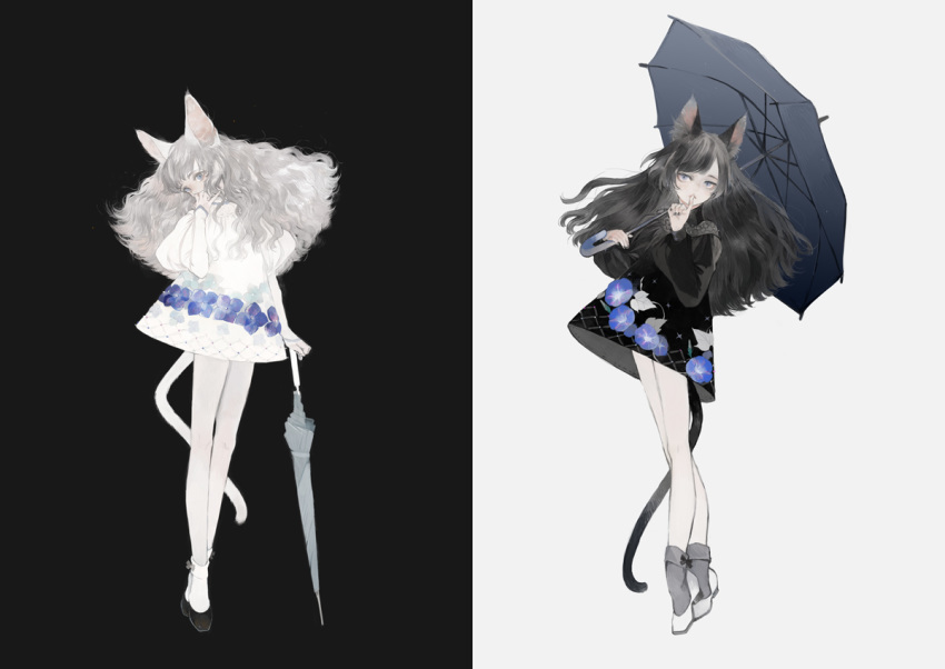 animal_ears black_hair flower legs nekosuke_(oxo) original shoes tail umbrella umbrella_on_arm