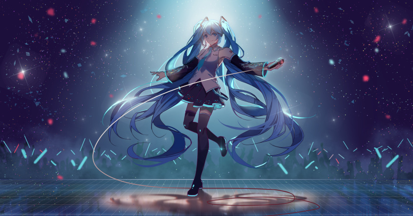 1girl backlighting black_skirt blue_eyes blue_hair blue_neckwear blurry bokeh confetti crowd depth_of_field detached_sleeves floating_hair glowstick hatsune_miku highres holding holding_microphone hq_(876704940) long_hair looking_to_the_side microphone necktie outstretched_arms pleated_skirt shadow shirt skirt sleeveless sleeveless_shirt smile solo sparkle spotlight stage stage_lights standing standing_on_one_leg thighhighs twintails very_long_hair vocaloid white_shirt wide_shot zettai_ryouiki