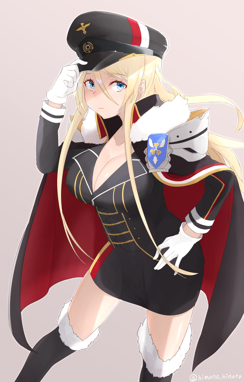 1girl absurdres azur_lane bismarck_(azur_lane) black_headwear black_legwear blonde_hair blue_eyes boots breasts cape cleavage coat cowboy_shot dress eyebrows_visible_through_hair fur-trimmed_boots fur_trim gloves hair_between_eyes hand_on_headwear hand_on_hip hat highres himono_hinata large_breasts lavender_background long_hair long_sleeves looking_at_viewer military military_hat military_uniform short_dress sidelocks simple_background solo straight_hair thigh_boots thighhighs thighs twitter_username uniform white_gloves