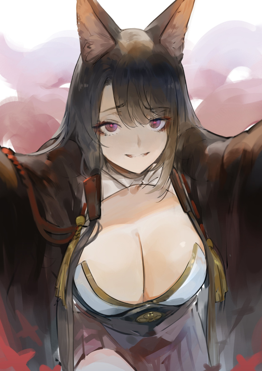 absurdres akagi_(azur_lane) animal_ears azur_lane bangs black_kimono breasts cleavage dokshuri eyeliner fox_ears fox_girl highres japanese_clothes kimono large_breasts leaning_forward makeup red_eyes sketch wide_sleeves