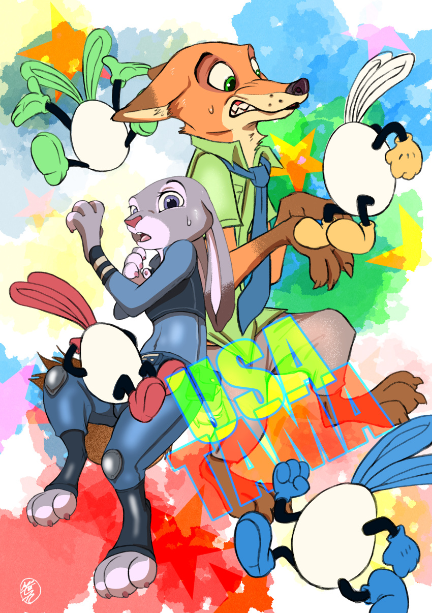 2019 4_fingers absurd_res anthro canid canine clothed clothing dipstick_ears dipstick_tail disney duo egg female fox fur gloves grey_fur hawaiian_shirt hi_res judy_hopps lagomorph leporid male mammal markings multicolored_ears multicolored_tail necktie nick_wilde orange_fur police_uniform rabbit shirt topwear uniform usapiyo zootopia 笹丸