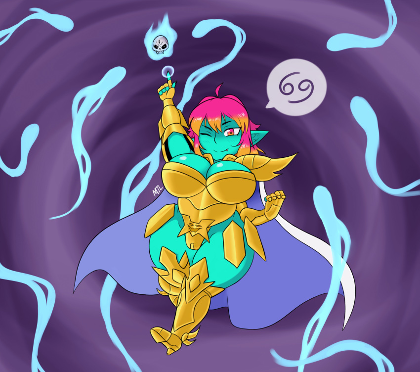 2019 absurd_res adelia_(changbae) armor big_breasts blush breasts cape clothing digital_media_(artwork) female fire goblin gold_saint green_skin hair hi_res huge_breasts humanoid knights_of_the_zodiac looking_at_viewer magic mammal metalling monster_girl_(genre) multicolored_hair not_furry one_eye_closed pinup pose saint_seiya short_stack simple_background solo teeth thick_thighs wide_hips wink