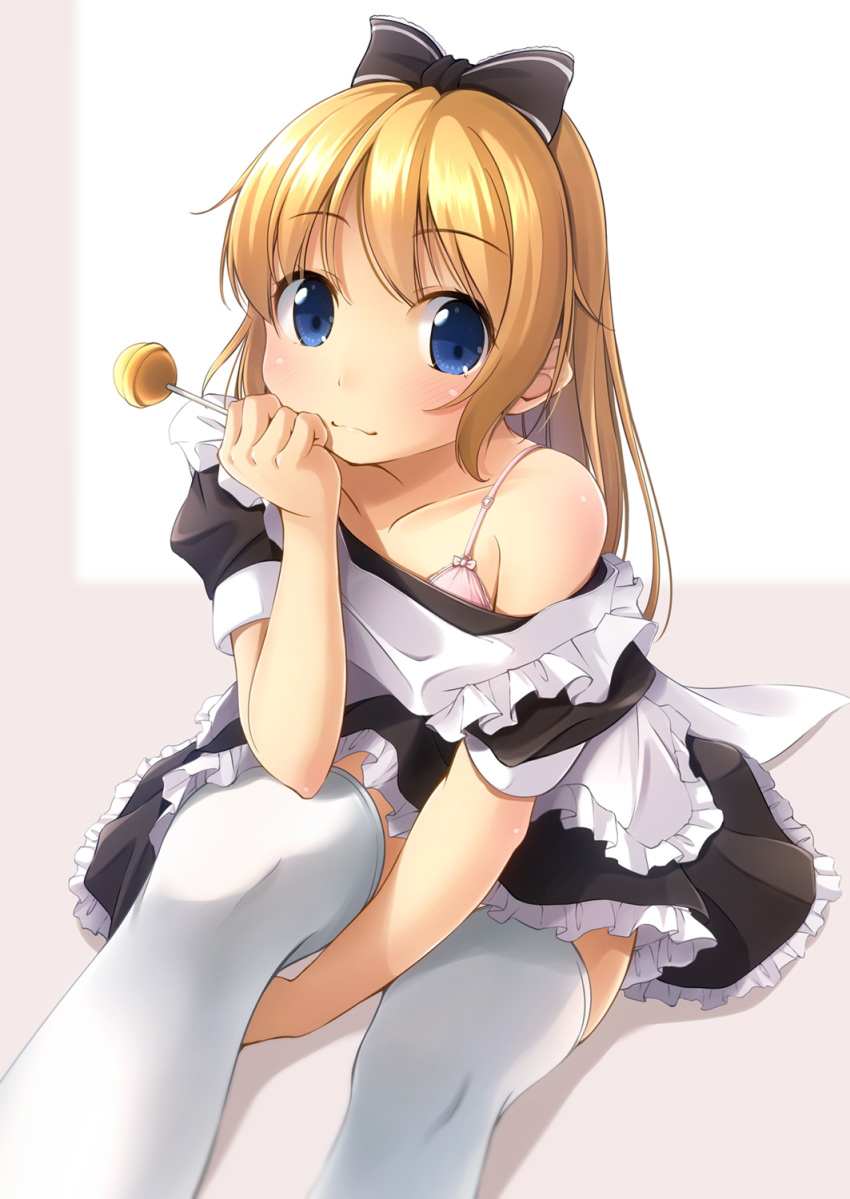 1girl apron bangs bare_shoulders black_bow black_dress blonde_hair blue_eyes blush bow bow_bra bra candy closed_mouth collarbone commentary_request dress eyebrows_visible_through_hair food frilled_apron frills hair_bow highres holding holding_food holding_lollipop lollipop long_hair maid maid_apron off_shoulder original pink_bra puffy_short_sleeves puffy_sleeves shibacha short_sleeves smile solo thighhighs underwear white_apron white_legwear