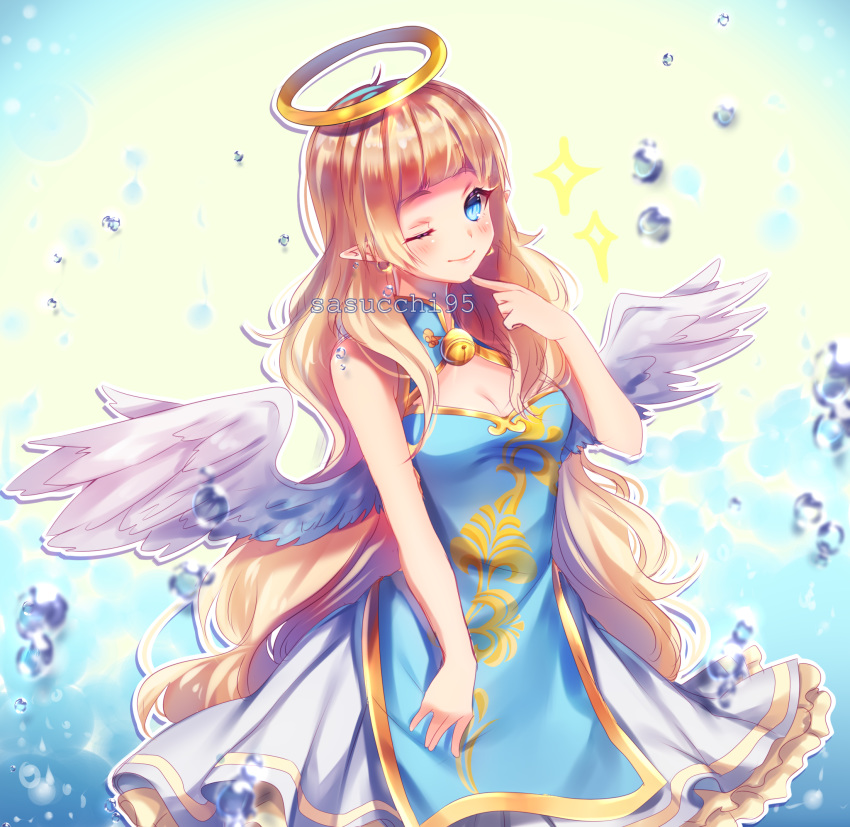 1girl ;) angel angel_wings artist_name bangs bare_shoulders bell blonde_hair blue_dress blue_eyes blunt_bangs blush breasts cleavage cowboy_shot dress eyebrows_visible_through_hair eyelashes feathered_wings feathers finger_to_cheek halo hand_up highres jingle_bell long_hair looking_at_viewer medium_breasts one_eye_closed original pointy_ears sasucchi95 sleeveless sleeveless_dress smile solo spread_wings very_long_hair water_drop white_wings wings