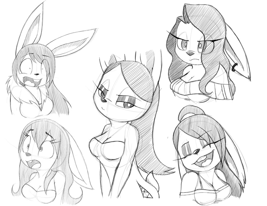 adrianna anthro black_hair clothing concept_art digital_sketch dragonlordfluffyxd expressions hair lagomorph leporid mammal rabbit sketch sweater topwear